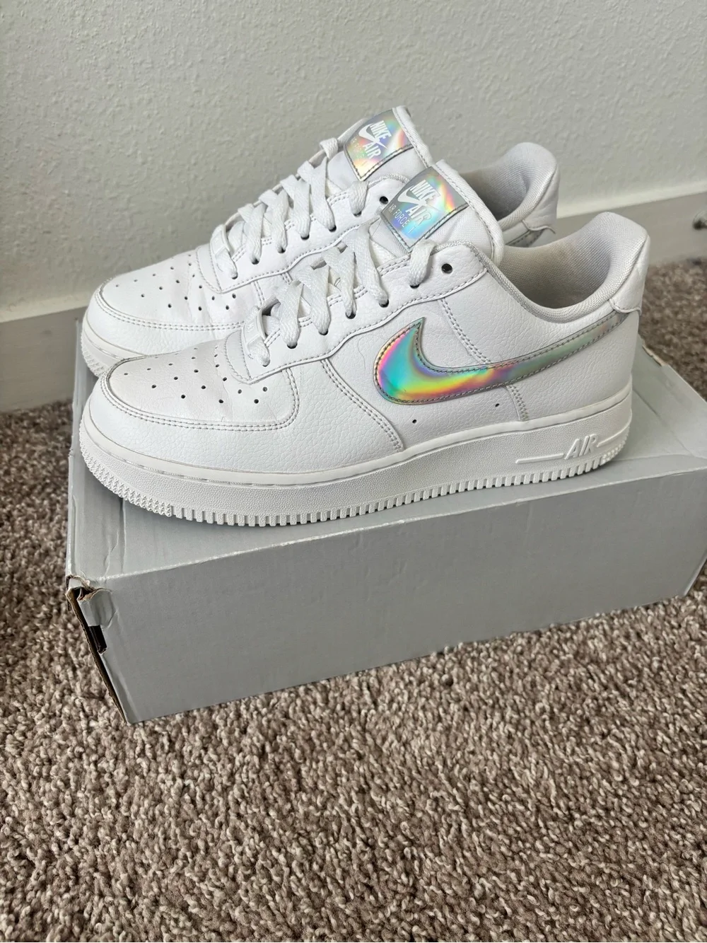 Nike White Low-Top Sneakers with Iridescent Swoosh